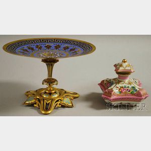 Old Paris Porcelain Perfume Bottle and Enameled Bronze Compote