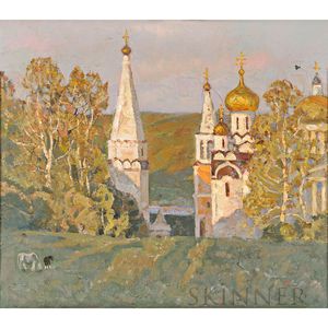 Russian School, 20th Century Impressionist Landscape with Church and Horses