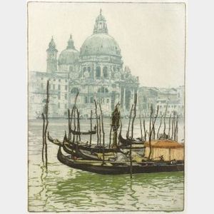 Hans Figura (Austrian, 1877-1949) Three Italian Views: Santa Maria della Salute, Venice, Ponte Vecchio, Florence