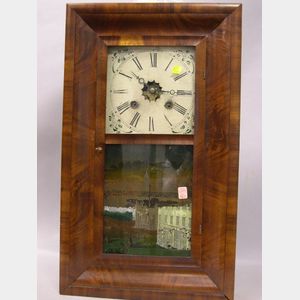 Waterbury Clock Co. Mahogany Veneer Ogee and Independence Hall Transfer Glass Tablet Shelf Clock.