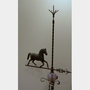 Molded Metal Running Horse Figure on Iron Lightning Rod Stand with Amethyst Glass Ball.