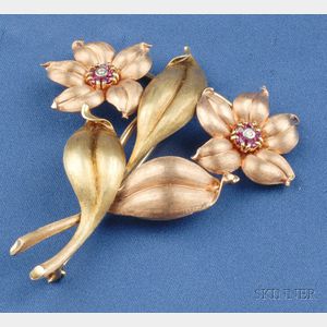 Retro 14kt Bicolor Gold, Ruby, and Diamond Flower Brooch, Tiffany & Co.