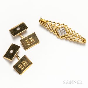 18kt Gold and Diamond Bar Brooch and Pair of 14kt Gold and Diamond Cuff Links