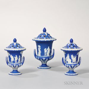 Three Wedgwood Dark Blue Jasper Dip Potpourri Vases and Covers