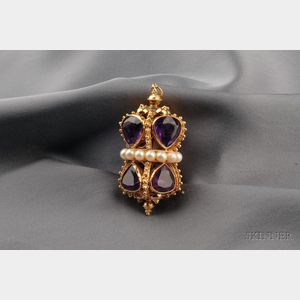 Large 18kt Gold, Amethyst, and Cultured Pearl Pendant