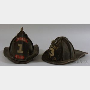 Two Leather Fire Helmets