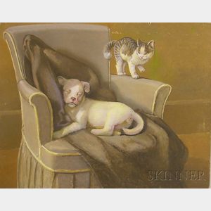 Unframed Oil on Paper/Board of a Puppy and Kitten by George Frederick Kaber (American, 1860-c. 1945)