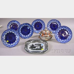 Six Flow Blue Martha Washington Pattern Plates, a Flow Mulberry Corean Pattern Platter, and an English Imari Pa...