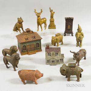 Group of Cast Iron Figural and Architectural Still Banks. 
