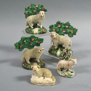 Five Mostly Staffordshire Bocage Sheep Figures