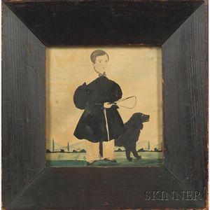 American School, 19th Century Miniature Portrait of a Boy and His Dog.