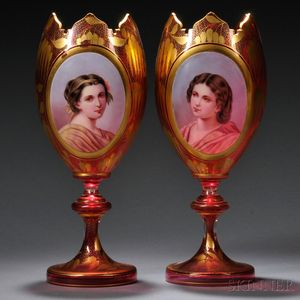 Pair of Bohemian Cranberry Glass Portrait Vases