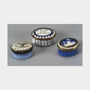 Three Enameled Copper Oval Snuff or Patch Boxes