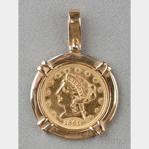 1861 Liberty Head 2-1/2 Dollar Gold Coin-mounted Pendant