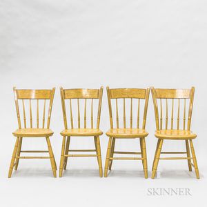 Set of Four Country Yellow-painted and Stenciled Thumb-back Windsor Side Chairs