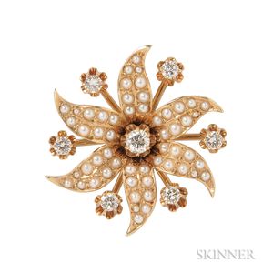 Gold, Split Pearl, and Diamond Flower Pendant/Brooch