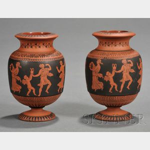 Pair of Encaustic Decorated Terra Cotta Vases