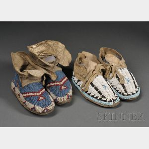 Two Pairs of Central Plains Beaded Hide Child's Moccasins