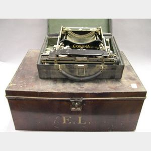 Large Painted and Initialed E.L. Tin Document Box and Corona Folding Typewriter.