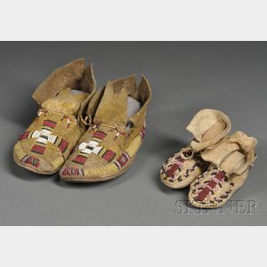 Two Pairs of Plains Beaded Hide Moccasins