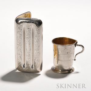 Sterling Silver Cigar Case and Silver-plate Collapsible Cup, each lacking makers marks, the cigar case with engraved foliate scrolls t