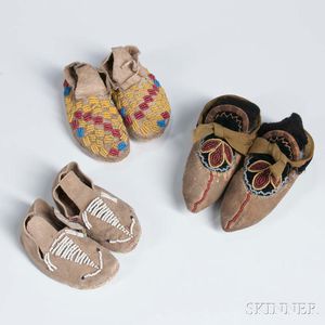 Three Pairs of Miniature Beaded Hide Moccasins
