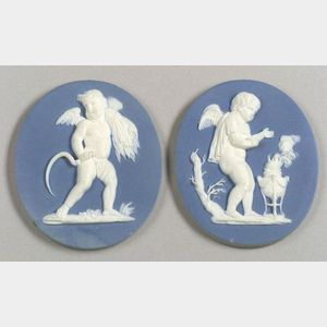 Two Wedgwood Solid Blue Jasper Medallions Depicting Seasons