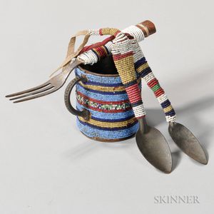 Sioux Beaded Tin Cup and Three Utensils