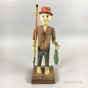 Contemporary Folk Art Carved and Painted Wood Fisherman