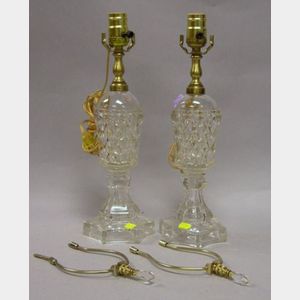 Pair of Sandwich Colorless Pressed Sawtooth Pattern Glass Table Lamps.