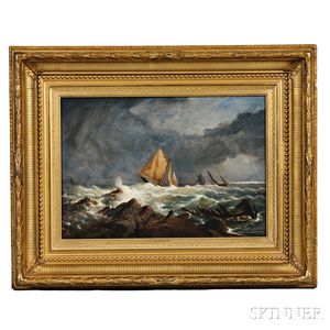 American School, Late 19th Century Sailboat Caught in a Gale off a Rocky Shoreline