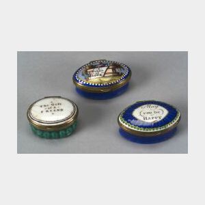 Three Enameled Copper Oval Snuff or Patch Boxes