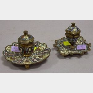 Two French Champleve Enamel Inkwells.