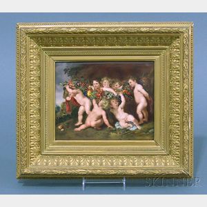 German Painted Porcelain Plaque of Bacchic Cherubs after Peter Paul Rubens
