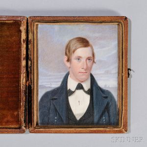 American School, 19th Century Miniature Portrait of a Man with a Lighthouse and Sailing Ships