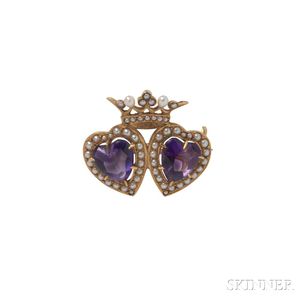 14kt Gold, Amethyst, and Seed Pearl Double-heart and Crown Brooch