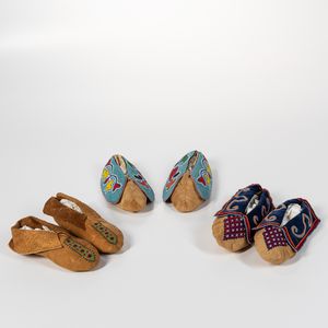 Three Pair of Prairie Beaded Cloth and Hide Moccasins