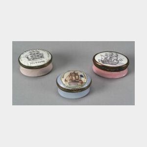 Three Enameled Copper Ship Motif Oval Snuff Boxes