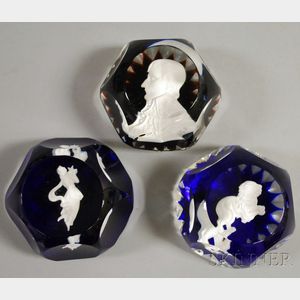 Three Baccarat Faceted Sulphide Art Glass Paperweights