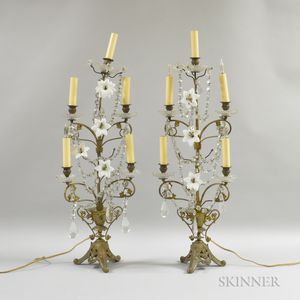 Pair of Brass and Pressed Glass Five-light Candelabra