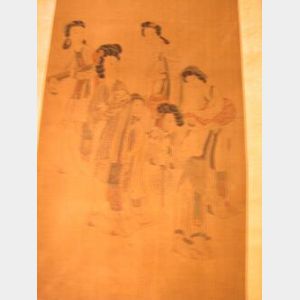 Chinese Scroll Painting on Silk Depicting Six Women Enroute to a Party.
