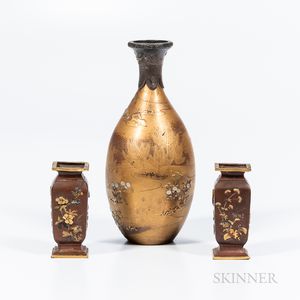 Pair of Miniature Mixed-metal-inlaid Bronze Vases and a Lacquered Maki-e Vase