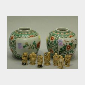 Seven Carved Ivory Netsuke and a Pair of Chinese Porcelain Ginger Jars.