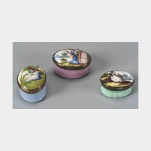 Three Handpainted Enameled Copper Portrait Snuff or Patch Boxes