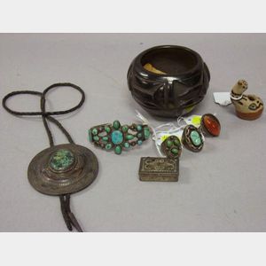 Native American Silver Bracelet, Bolo, Three Rings, Small Box, Blackware Bowl, and Painted Pottery Bird Figure.