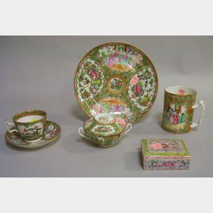 Chinese Export Porcelain Rose Medallion Mug, Plate, Covered Cup, Cup and Saucer, and an Export Box.