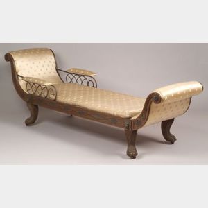 Neoclassical Silk Upholstered Caned and Brass Mounted Carved Mahogany Daybed