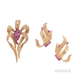 14kt Gold and Ruby Pin and Earrings