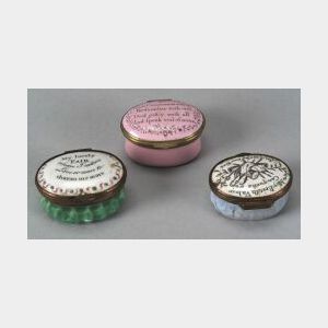 Three Transfer-Printed Motto Enameled Copper Snuff or Patch Boxes