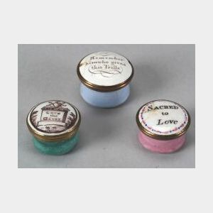 Three Small Enameled Copper Transfer Printed Snuff or Patch Boxes